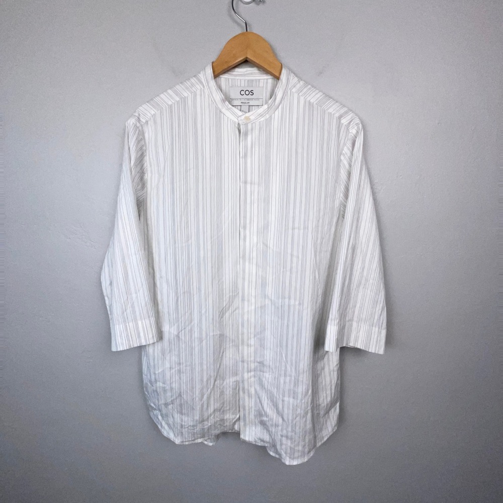 COS Shirt Men L White Striped Band Collar 3/4 Sleeve Cotton Blend Regular Fit